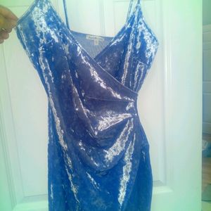 Blue crushed velvet wrap style dress